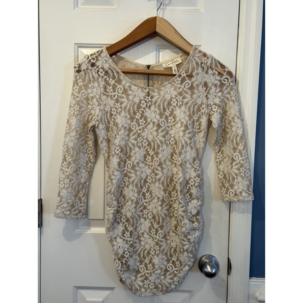 Jessica Simpson Maternity Ivory Lace Sheer Top Ruched Small Zip Back 3/4 Sleeve